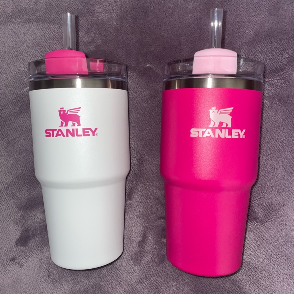 NEW - Stanley Matched Pair of White and Pink 20 oz. Tumblers with Straws